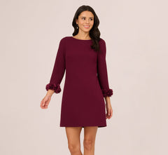Three Quarter Sleeve Shift Dress With Floral Embellished Cuffs In Cabernet