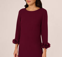 Three Quarter Sleeve Shift Dress With Floral Embellished Cuffs In Cabernet