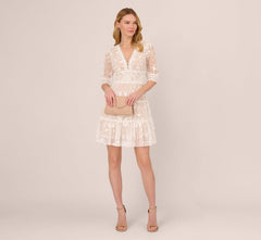 Lace Embroidered V Neck Dress With Elbow Sleeves In Ivory Nude