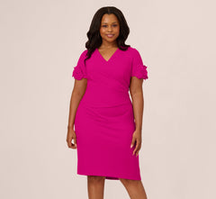 Plus Size Crepe Faux Wrap Sheath Dress With Floral Accent Short Sleeves In Pink Flambe
