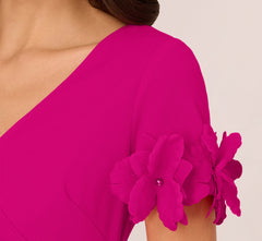 Crepe Faux Wrap Sheath Dress With Floral Accent Short Sleeves In Pink Flambe