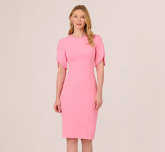 Crepe Midi Length Sheath Dress With Pearl Trimmed Sleeves In Cherry Blossom