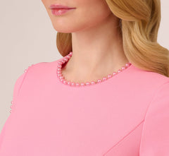 Crepe Midi Length Sheath Dress With Pearl Trimmed Sleeves In Cherry Blossom