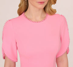 Crepe Midi Length Sheath Dress With Pearl Trimmed Sleeves In Cherry Blossom