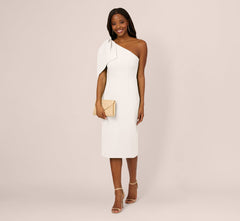 One Shoulder Midi Dress With Bow Accent In Ivory