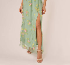 Floral Embroidered Maxi Dress With Sheer Flutter Sleeves In Sage Multi