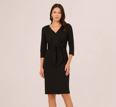 Three Quarter Sleeve Pleated Midi Dress With Tie Waist In Black