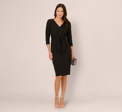Three Quarter Sleeve Pleated Midi Dress With Tie Waist In Black