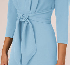 Three Quarter Sleeve Pleated Midi Dress With Tie Waist In Blue Mist