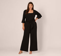 Plus Size Knit Crepe Wide Leg Jumpsuit With Bell Sleeves In Black