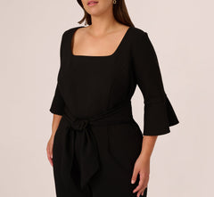 Plus Size Knit Crepe Wide Leg Jumpsuit With Bell Sleeves In Black