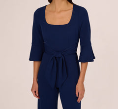 Knit Crepe Wide Leg Jumpsuit With Bell Sleeves In Navy Sateen