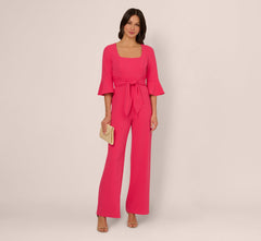 Knit Crepe Wide Leg Jumpsuit With Bell Sleeves In Camellia
