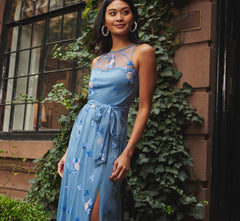 Sleeveless Illusion Embroidered Maxi Dress In French Blue Multi