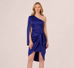 One Shoulder Satin Knot Draped Midi Dress In Dark Blue Violet