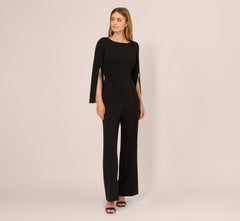 Split Sleeve Pearly Trim Jumpsuit In Black Ivory