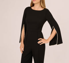 Split Sleeve Pearly Trim Jumpsuit In Black Ivory