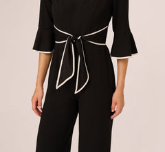 Bell Sleeve Tie Front Contrast Tipped Jumpsuit In Black Ivory