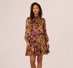 Long Sleeve Paisley Chiffon Trapeze Dress In Brown Multi