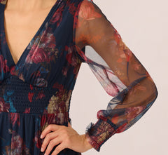 Bishop Sleeve Floral Mesh Maxi Dress In Navy Multi
