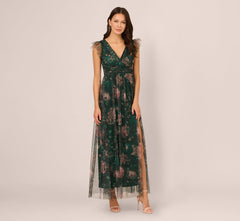 Flutter Sleeve Floral Tulle Maxi Dress In Hunter Multi