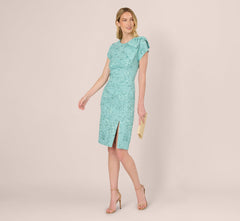 Cap Sleeve Floral Jacquard Bow Midi Dress In Teal