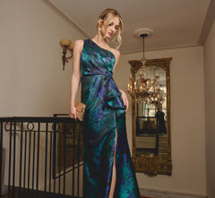 One Shoulder Jacquard Mermaid Gown With Drape Detail In Cobalt Teal