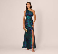 One Shoulder Jacquard Mermaid Gown With Drape Detail In Cobalt Teal