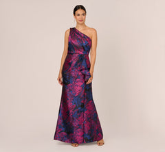 One Shoulder Jacquard Mermaid Gown With Drape Detail In Navy Orchid