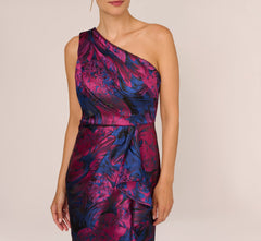 One Shoulder Jacquard Mermaid Gown With Drape Detail In Navy Orchid