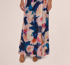Floral Print Chiffon Gown With One Shoulder Neckline In Navy Blush