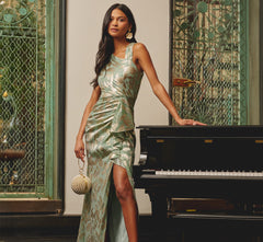 Foil Printed Asymmetric Gown With Ruffled Detail In Sage Gold