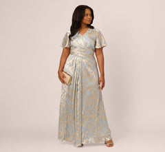 Plus Size Foil Leaf Short Sleeve Gown With Draped Details In Light Blue Gold