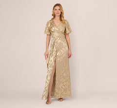 Foil Leaf Short Sleeve Gown With Draped Details In Champagne Gold
