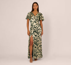 Foil Leaf Short Sleeve Gown With Draped Details In Green Pine Gold