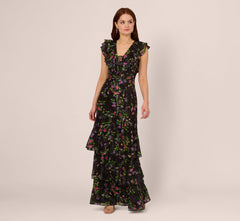 Floral Tiered Chiffon Gown With Flutter Sleeves In Black Multi