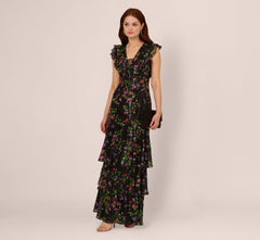 Floral Tiered Chiffon Gown With Flutter Sleeves In Black Multi
