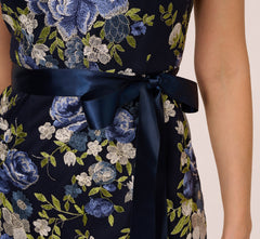 Embroidered Floral Cap Sleeve Column Gown In Navy Multi