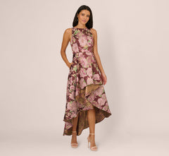 Sleeveless Floral Jacquard High Low Gown In Burgundy Multi