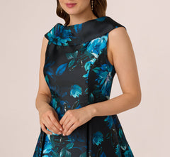 Sleeveless Roll Collar Floral Midi Dress In Navy Multi