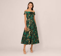 Off Shoulder Metallic Jacquard Midi Dress In Hunter Gold