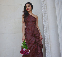 One Shoulder Floral Embroidered Gown In Raisin