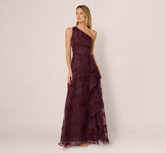 One Shoulder Floral Embroidered Gown In Raisin