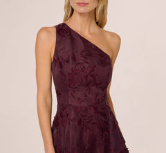 One Shoulder Floral Embroidered Gown In Raisin