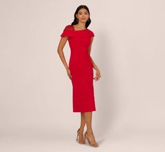 Sequin Shoulder Crepe Midi Sheath Dress In Red