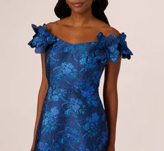 Off Shoulder Floral Jacquard A Line Gown In Navy Blue Multi