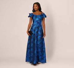Off Shoulder Floral Jacquard A Line Gown In Navy Blue Multi