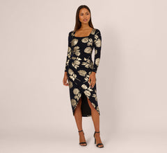 Long Sleeve Stretch Metallic Rose Floral Midi Dress In Navy Gold