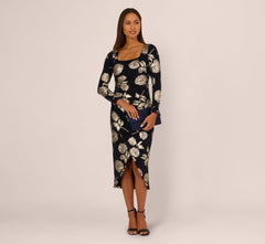 Long Sleeve Stretch Metallic Rose Floral Midi Dress In Navy Gold