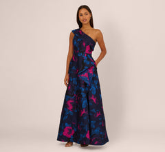 One Shoulder Floral Jacquard A Line Gown In Navy Orchid